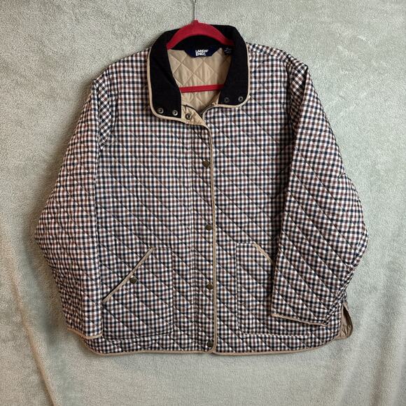 LANDS END Women Quilted Jacket 1X 16W-18W Corduroy Collar Equestrian + Gloves - Picture 1 of 14